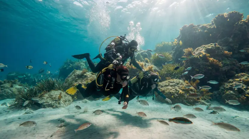 Scuba divers swimming among fish in sunlit blue water